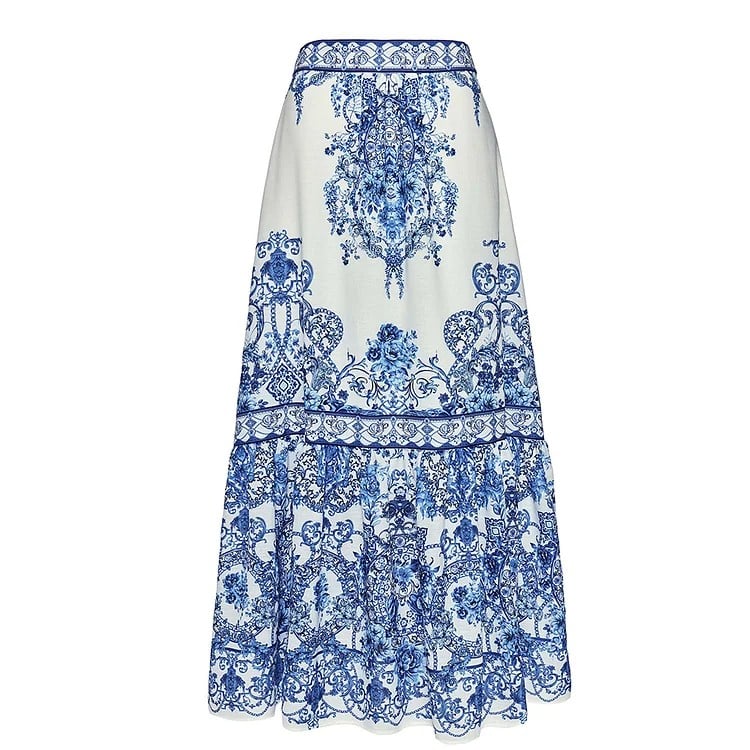 Bow tie blue and white porcelain print one-piece swimsuit dress