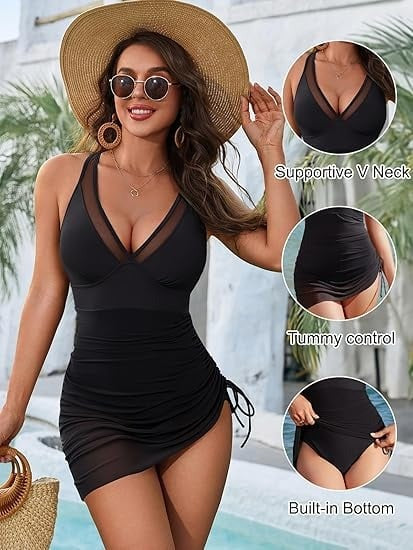 Women's Mesh See-Through V-Neck Drawstring One-Piece Swimsuit