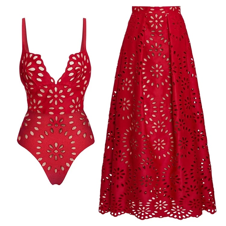 Deep V laser-cut floral backless long cover skirt