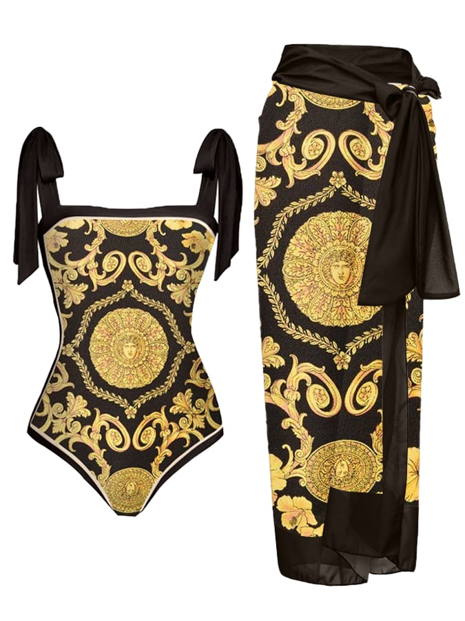 Women's Retro Black and Gold Print One-Piece Swimsuit Set