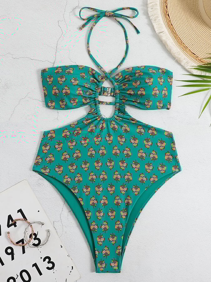 Women's Vintage Green Floral Halter Swimsuit Set