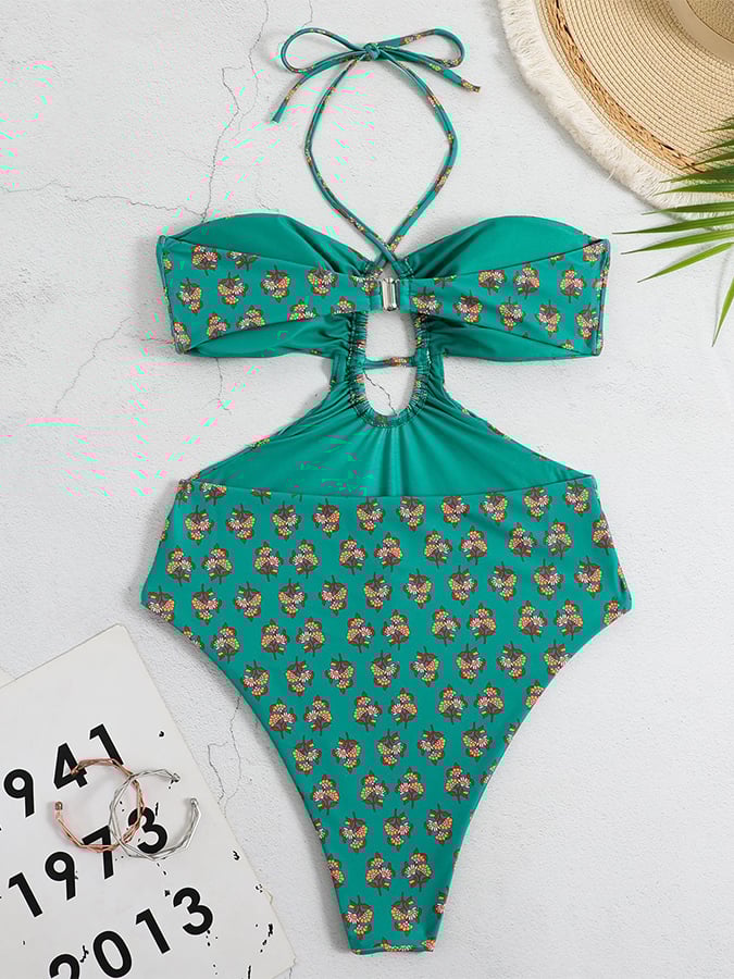 Women's Vintage Green Floral Halter Swimsuit Set
