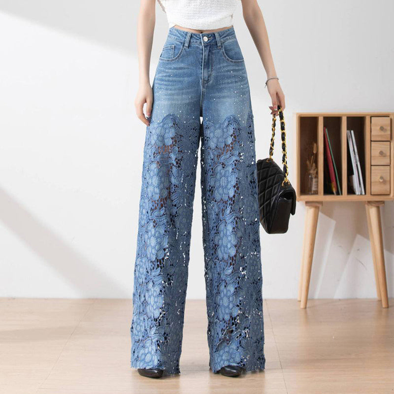 🔥Women's High-Waisted Blue Denim Wide-Leg Pants (Hollow-out Lace Panels)