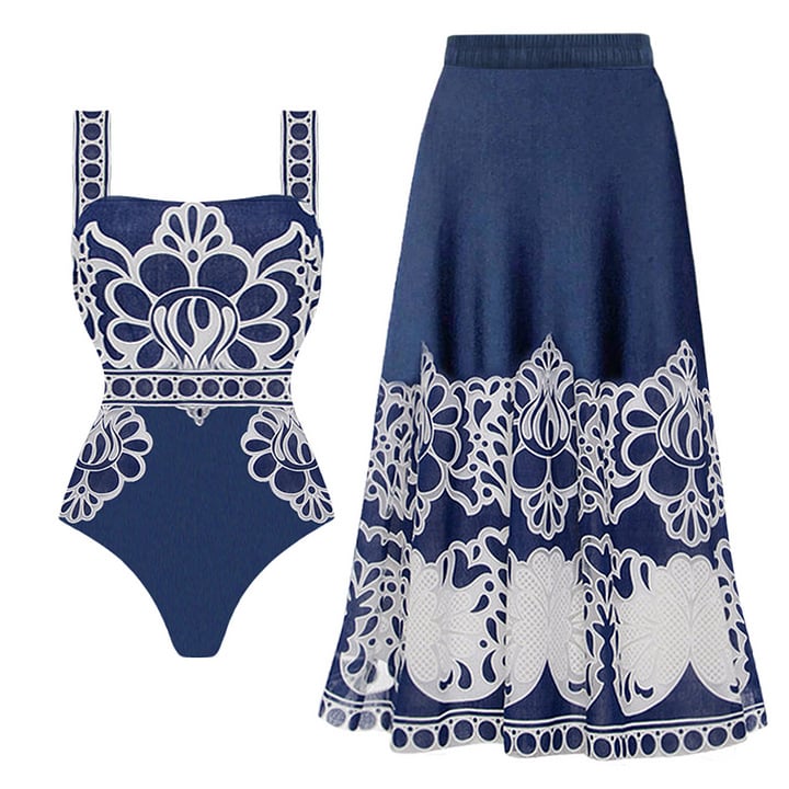 New ethnic style printed one-piece swimsuit set