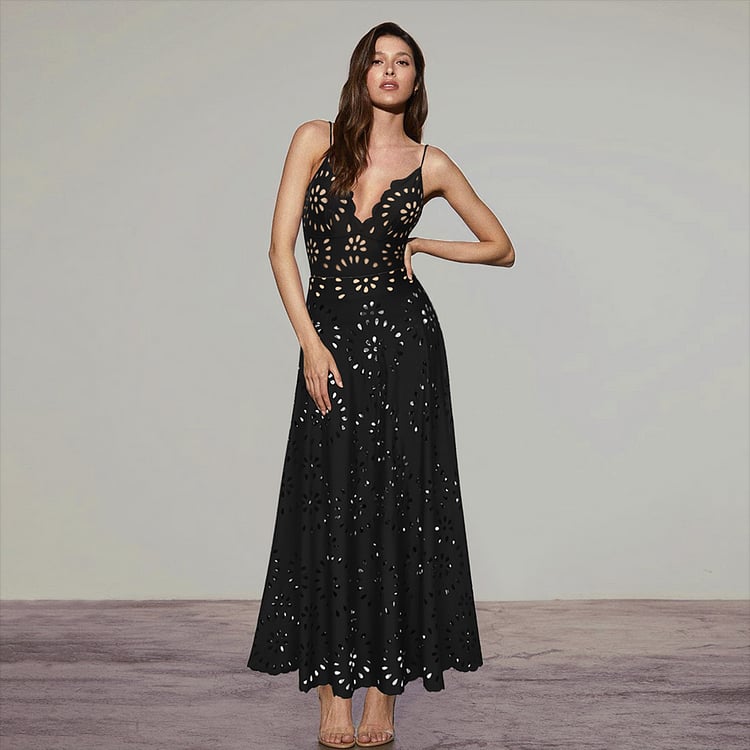 Deep V laser-cut floral backless long cover skirt