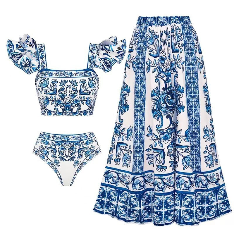 women's blue and white porcelain two-piece swimsuit