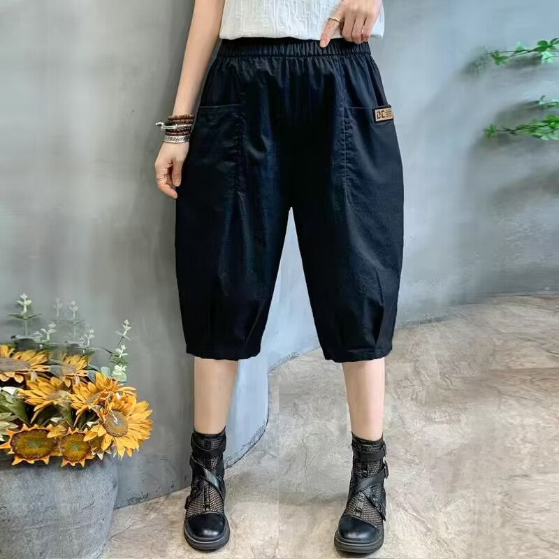 Fashion big pocket women's cropped trousers