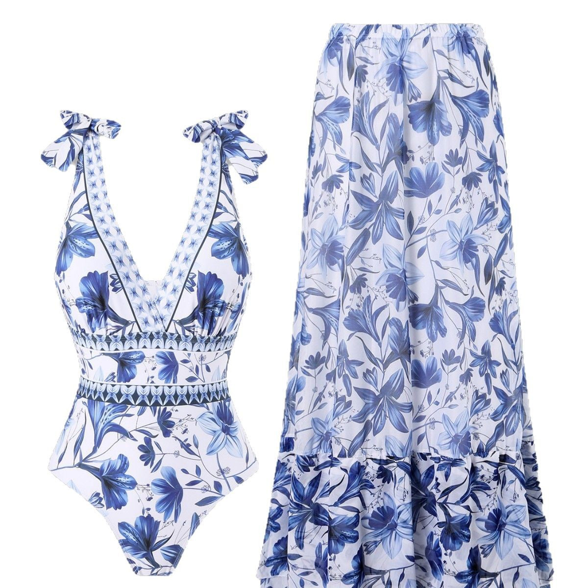 Blue and White Porcelain Swimsuit Wrap Skirt Set