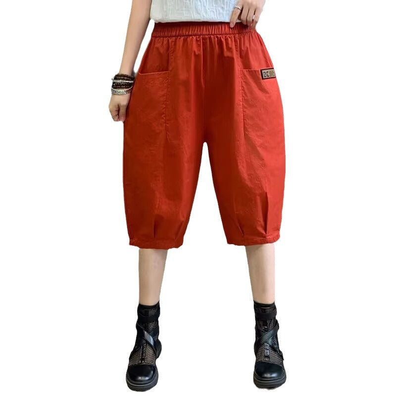 Fashion big pocket women's cropped trousers