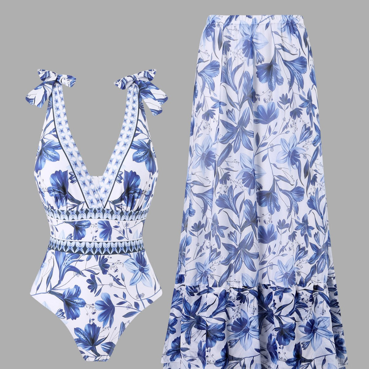 Blue and White Porcelain Swimsuit Wrap Skirt Set