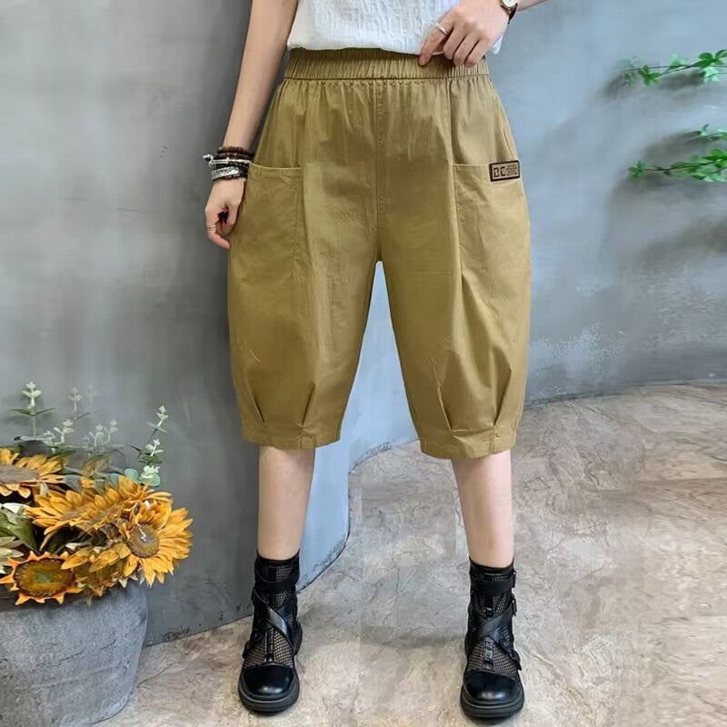 Fashion big pocket women's cropped trousers