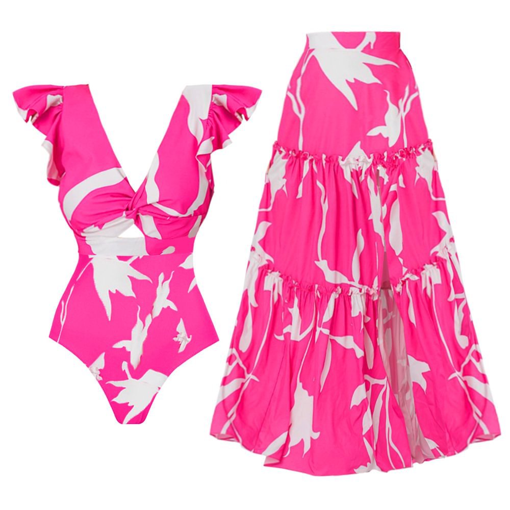 New V-neck ruffled printed one-piece swimsuit perfect for the beach