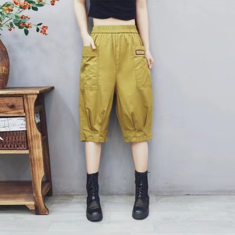 Fashion big pocket women's cropped trousers