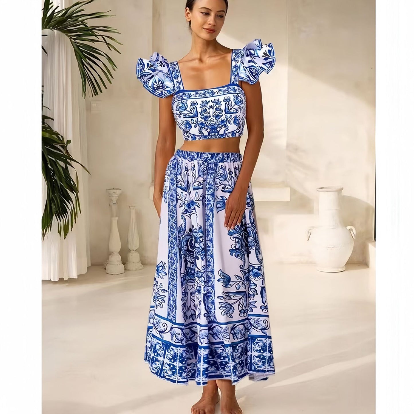 women's blue and white porcelain two-piece swimsuit