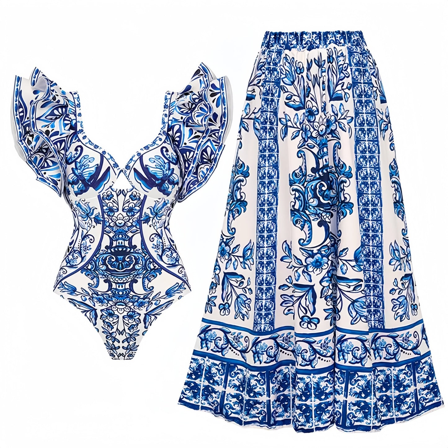 women's blue and white porcelain two-piece swimsuit