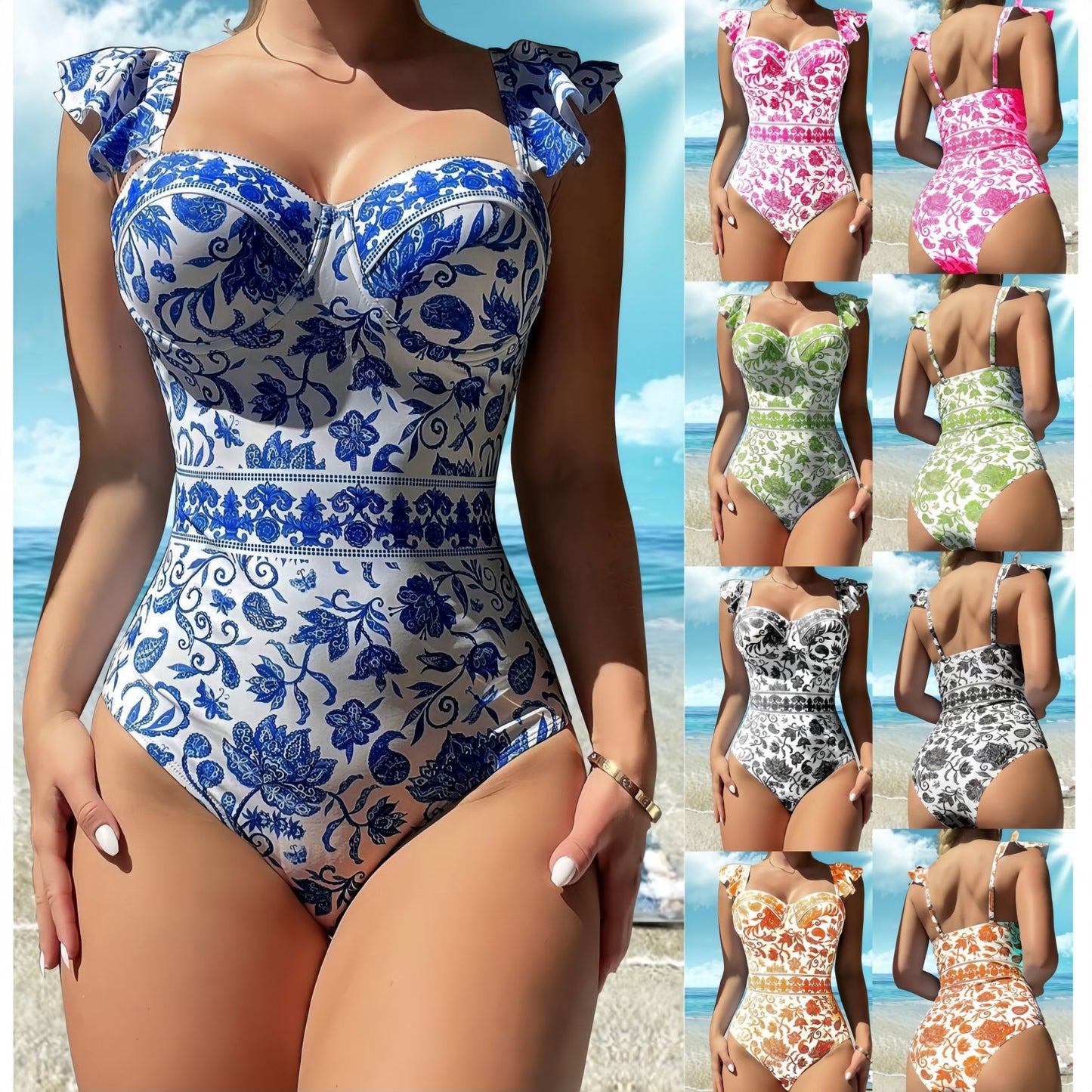 New blue and white porcelain print swimsuit bikini