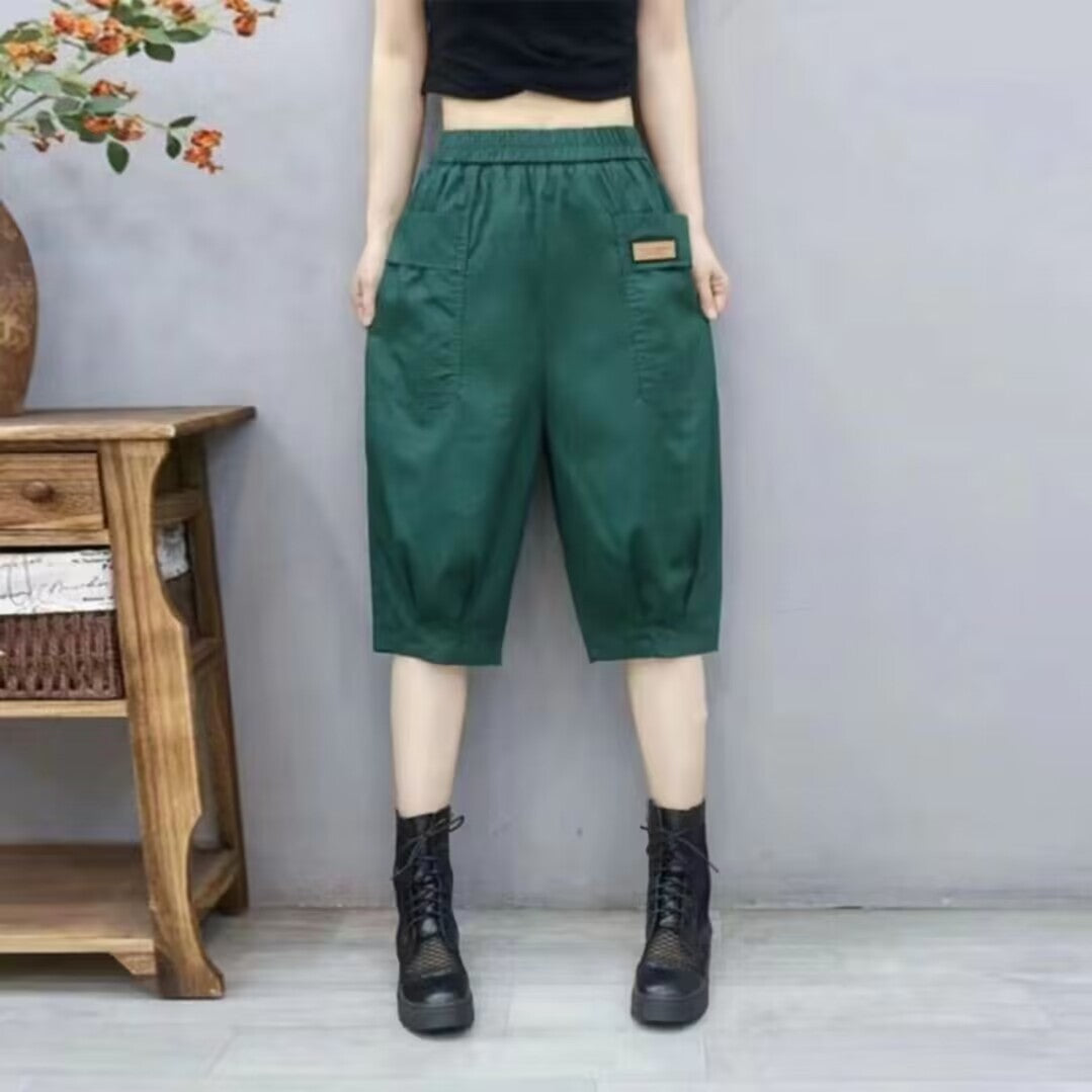 Fashion big pocket women's cropped trousers