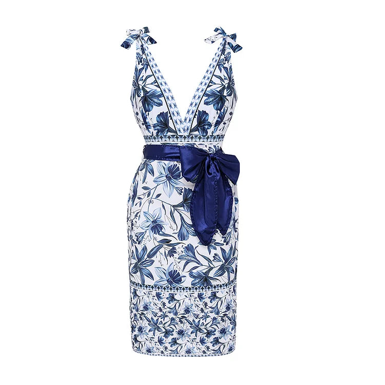 V-neck tie blue and white porcelain one-piece swimsuit