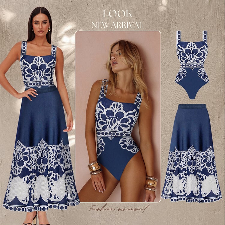 New ethnic style printed one-piece swimsuit set