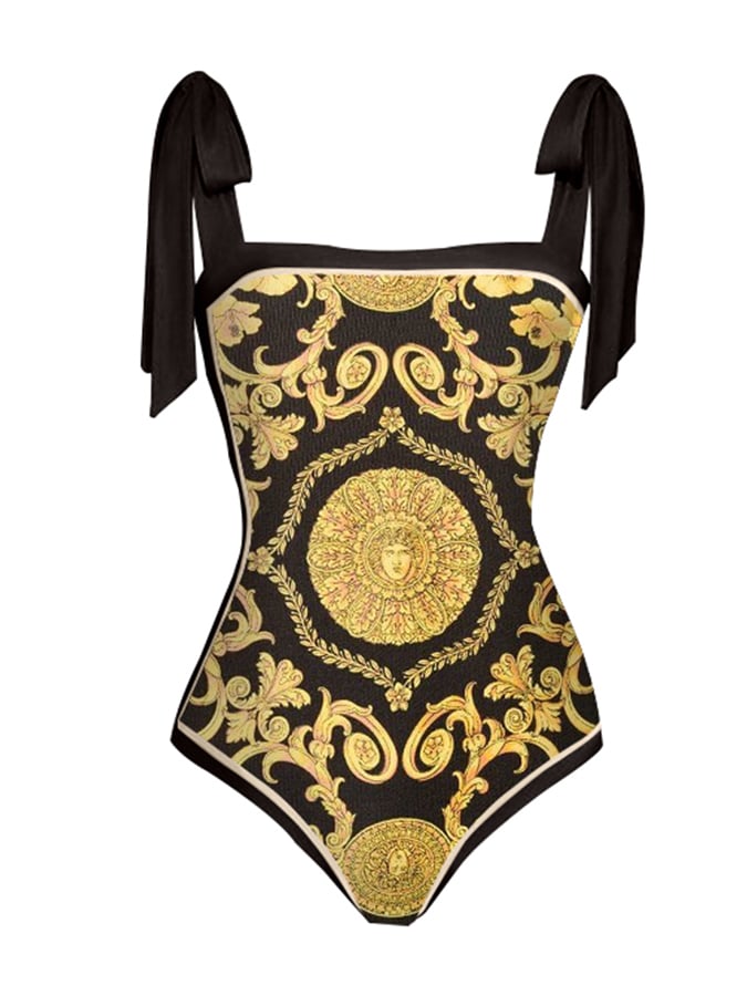Women's Retro Black and Gold Print One-Piece Swimsuit Set
