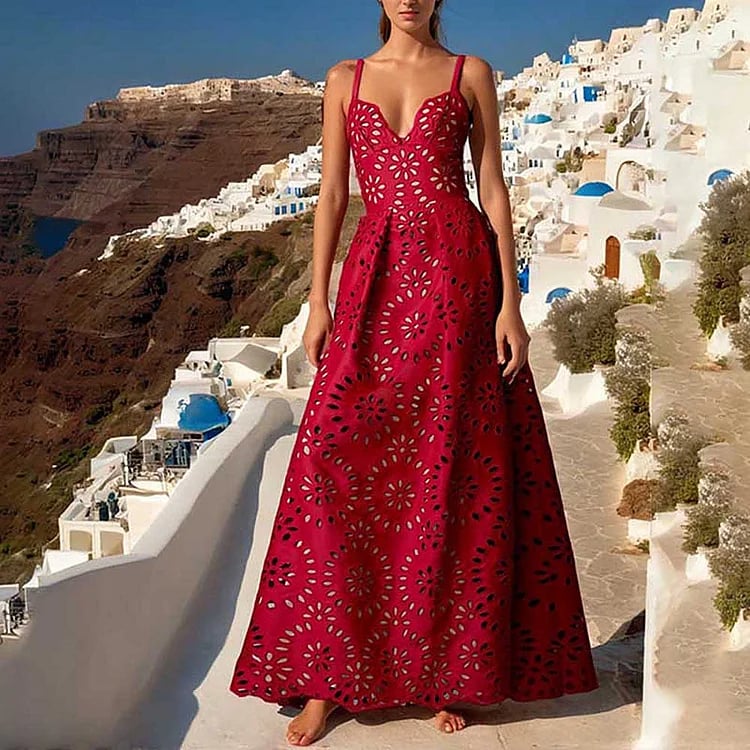 Deep V laser-cut floral backless long cover skirt