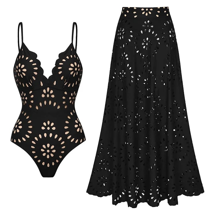Deep V laser-cut floral backless long cover skirt