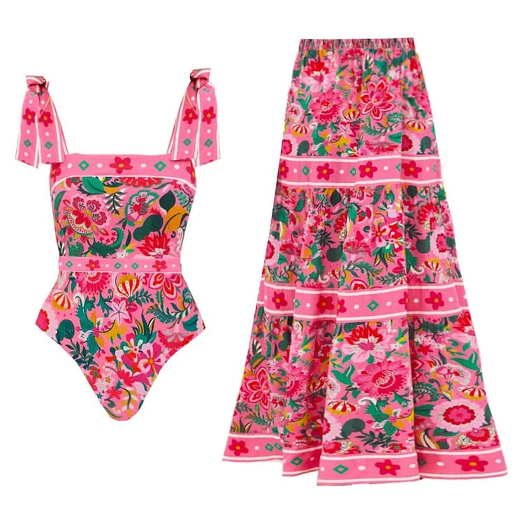 Two-piece swimsuit set with floral print and bow tie