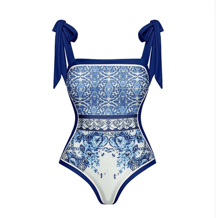 Bow tie blue and white porcelain print one-piece swimsuit dress