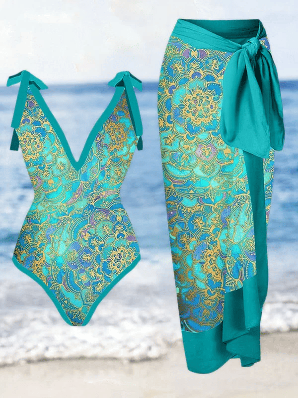 Retro V-neck multicolor printed one-piece swimsuit