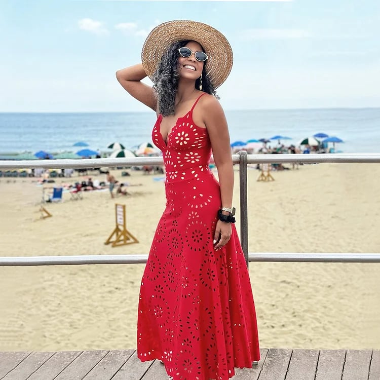 Deep V laser-cut floral backless long cover skirt