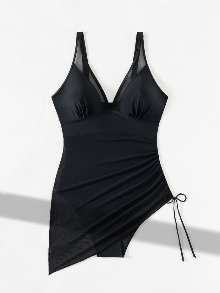 Women's Mesh See-Through V-Neck Drawstring One-Piece Swimsuit