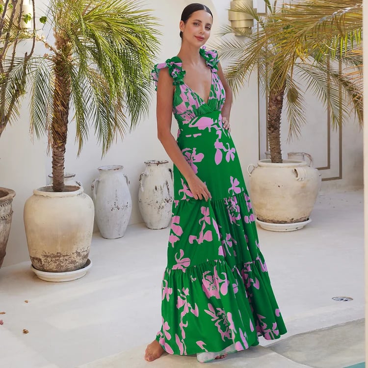 One-piece swimsuit with ruffled straps and printed flared skirt