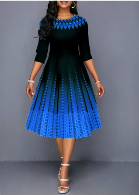 Women's Half Sleeve A-Line Party Dress Vintage O-Neck Plaid Ombre Print Swing Skirt