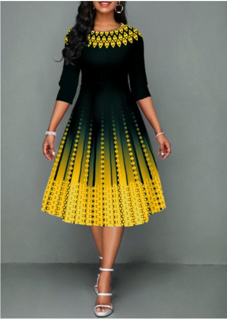 Women's Half Sleeve A-Line Party Dress Vintage O-Neck Plaid Ombre Print Swing Skirt