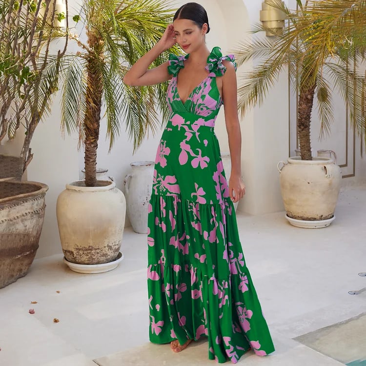 One-piece swimsuit with ruffled straps and printed flared skirt