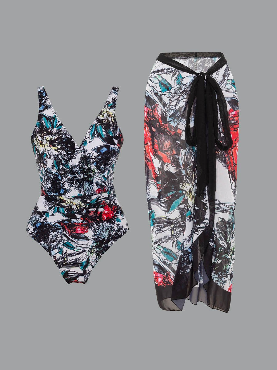 Women's Retro Printed Chiffon Maxi Swimsuit Set