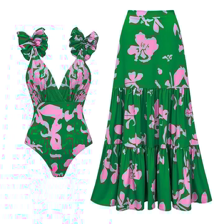One-piece swimsuit with ruffled straps and printed flared skirt