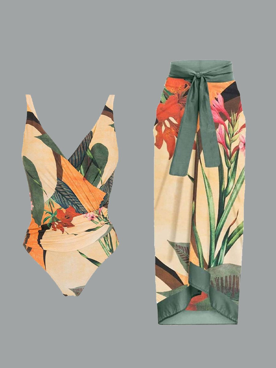 Women's Retro Printed Chiffon Maxi Swimsuit Set
