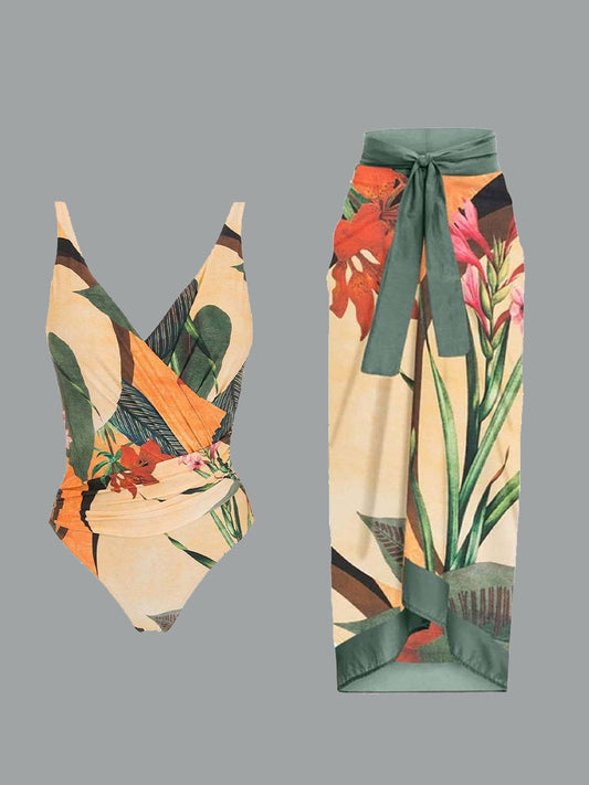 Women's Retro Printed Chiffon Maxi Swimsuit Set