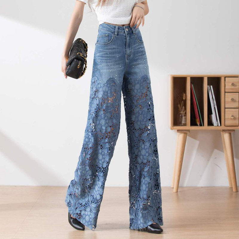 🔥Women's High-Waisted Blue Denim Wide-Leg Pants (Hollow-out Lace Panels)