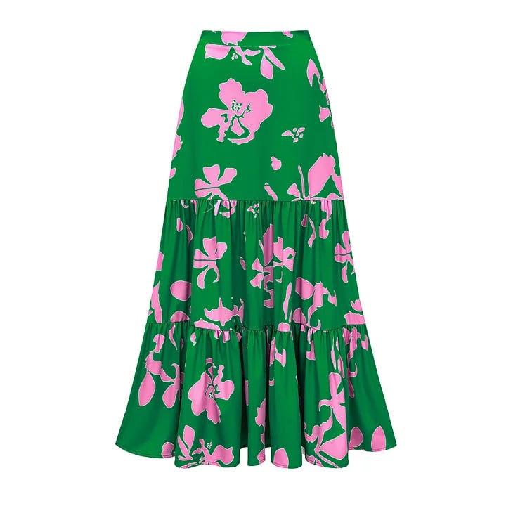 One-piece swimsuit with ruffled straps and printed flared skirt