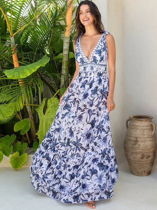 Blue and White Porcelain Swimsuit Wrap Skirt Set