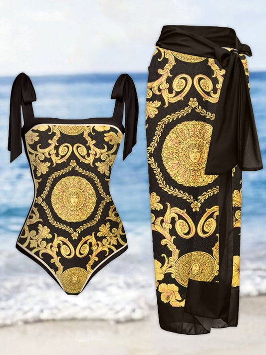Women's Retro Black and Gold Print One-Piece Swimsuit Set