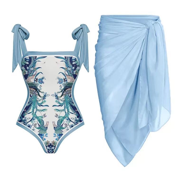 PRINTED CHIFON ONE-PIECE SWIMSUIT SET