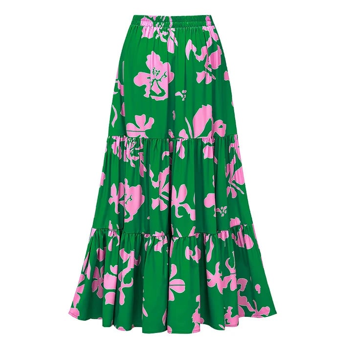 One-piece swimsuit with ruffled straps and printed flared skirt