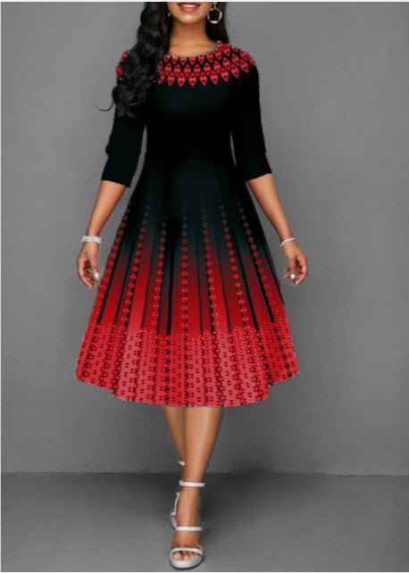 Women's Half Sleeve A-Line Party Dress Vintage O-Neck Plaid Ombre Print Swing Skirt