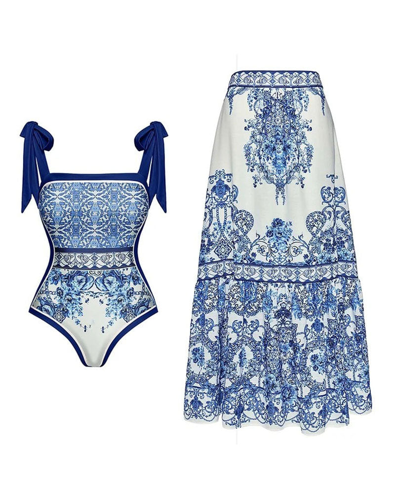 Bow tie blue and white porcelain print one-piece swimsuit dress