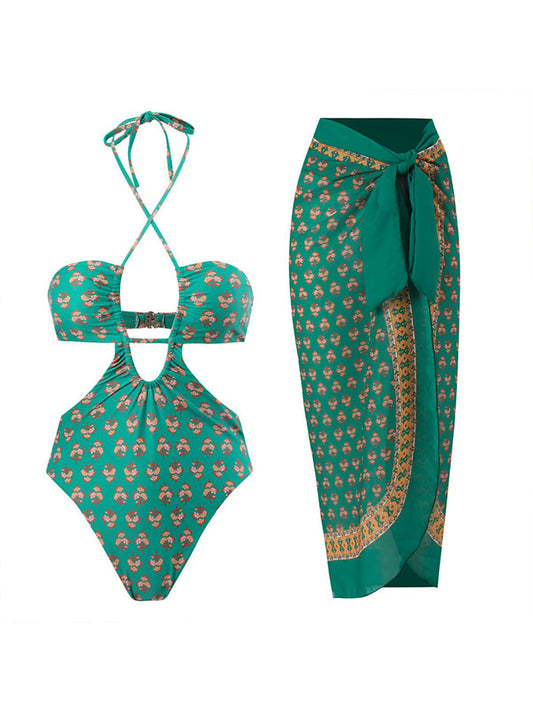 Women's Vintage Green Floral Halter Swimsuit Set