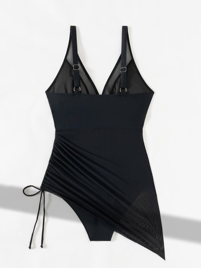 Women's Mesh See-Through V-Neck Drawstring One-Piece Swimsuit
