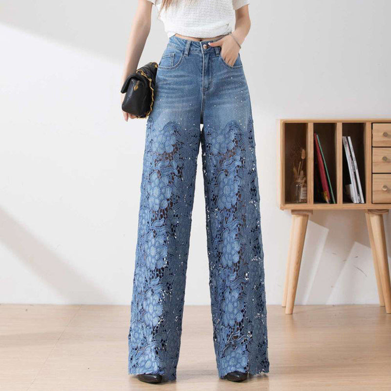 🔥Women's High-Waisted Blue Denim Wide-Leg Pants (Hollow-out Lace Panels)